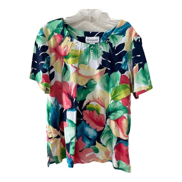 Alfred Dunner Women’s L Floral Top – Rhinestone Embellished – Short Sleeve - Picture 1 of 5
